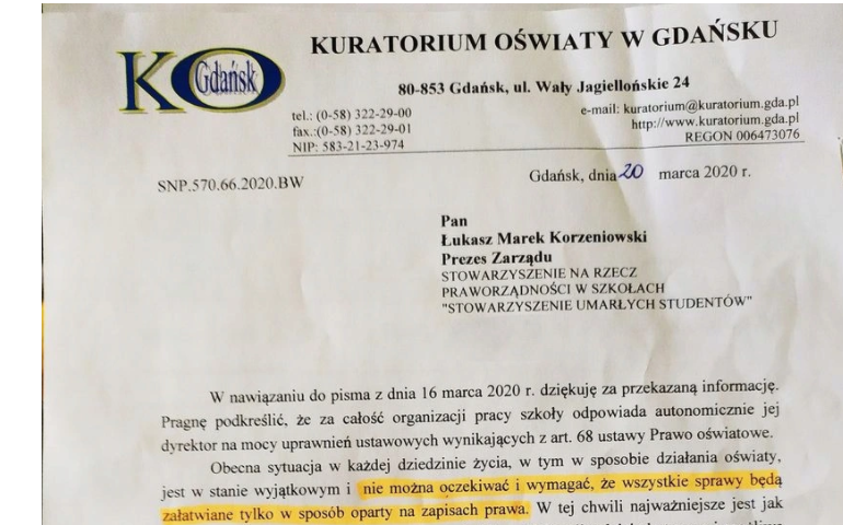 Pismo pomorskiej kurator oświaty w sprawie zdalnej edukacji trafiło na aukcję